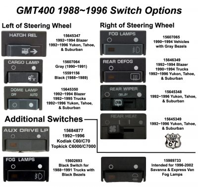Switches For 88 94 Year Models With Part Numbers Gmt400 The