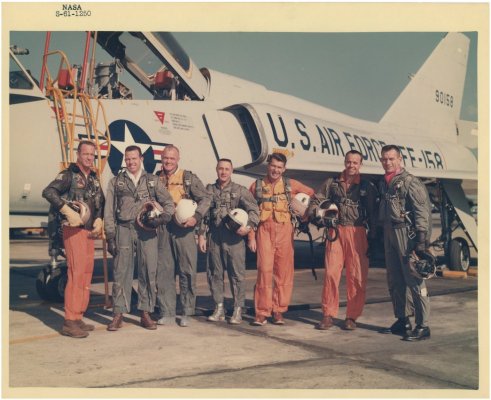 F-106 The original Mercury Seven astronauts standing by a Convair 106-B aircraft, January 1961.jpg